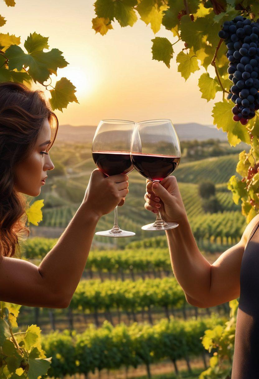 A dynamic scene featuring a person tasting a glass of red wine, while doing bicep curls with another hand, surrounded by lush grapevines. The background showcases a picturesque vineyard under a golden sunset, creating a warm atmosphere. The overall composition should embody the blend of fitness and indulgence in wine tasting. vibrant colors. super-realistic. 