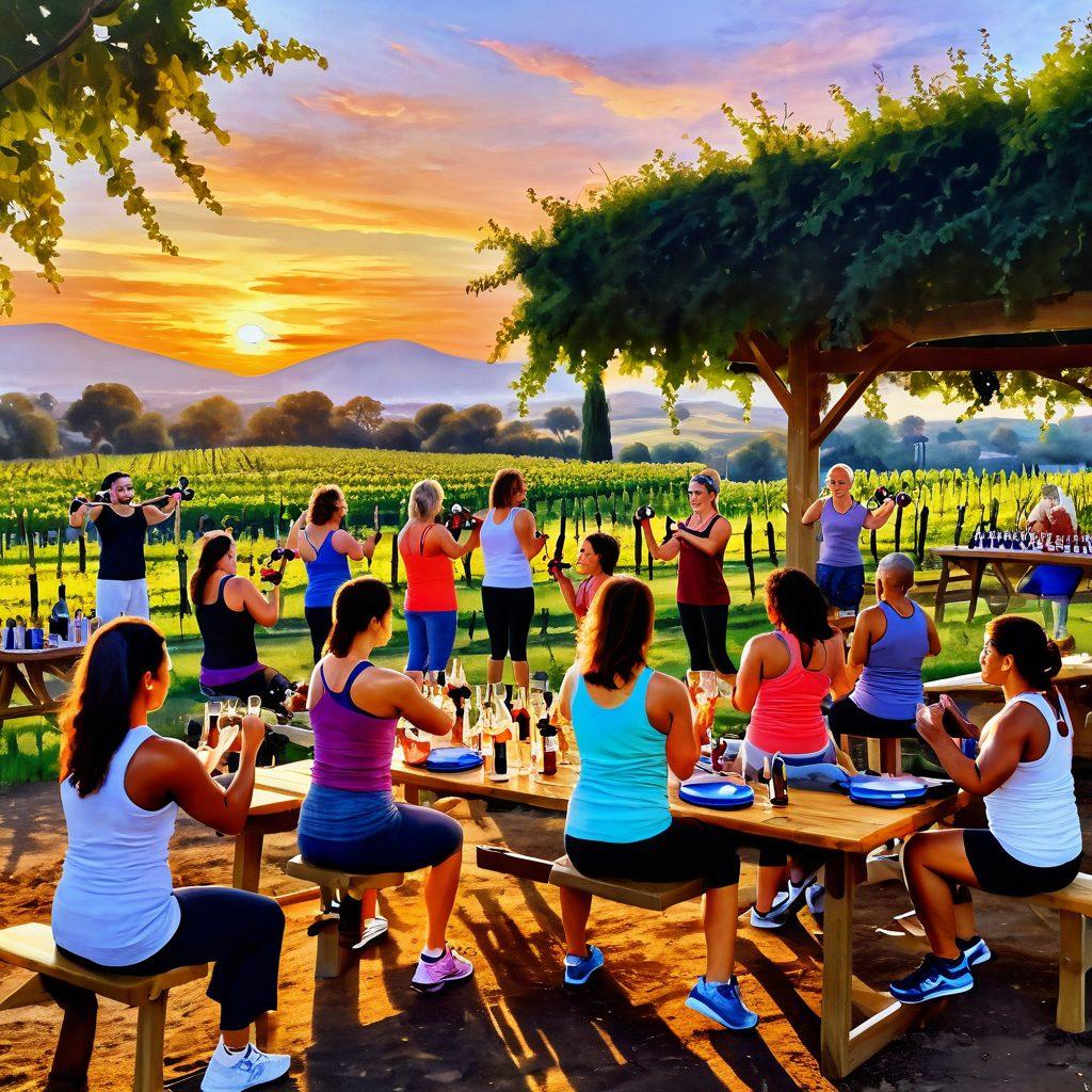 A cozy vineyard setting at sunset with a diverse group of people engaging in a fun outdoor fitness class, lifting weights while holding wine glasses in one hand. Grapevines stretch across the background, with a picnic table displaying an array of wine bottles and fitness gear. The atmosphere is lively and cheerful, embodying a blend of relaxation and exercise. warm tones. vibrant colors. painting.